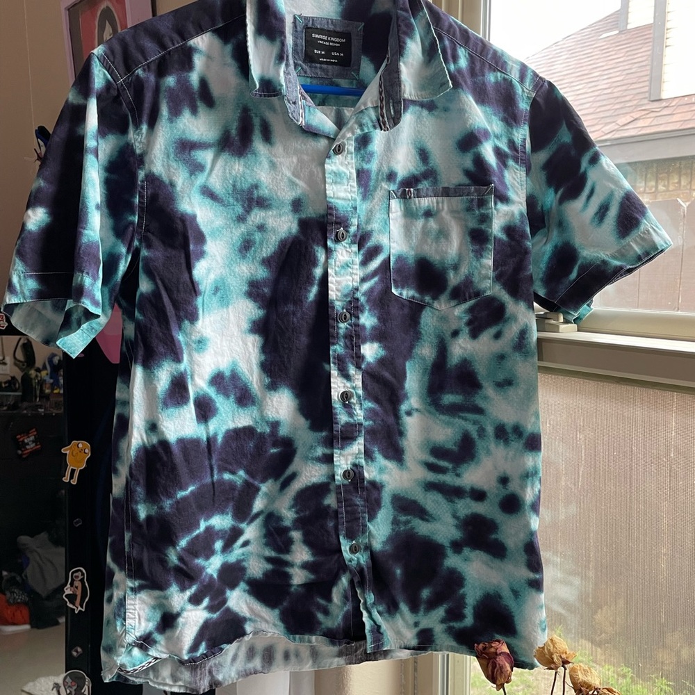 Mens sunrise kingdom blue tie dye button down shirt - Picture 6 of 17